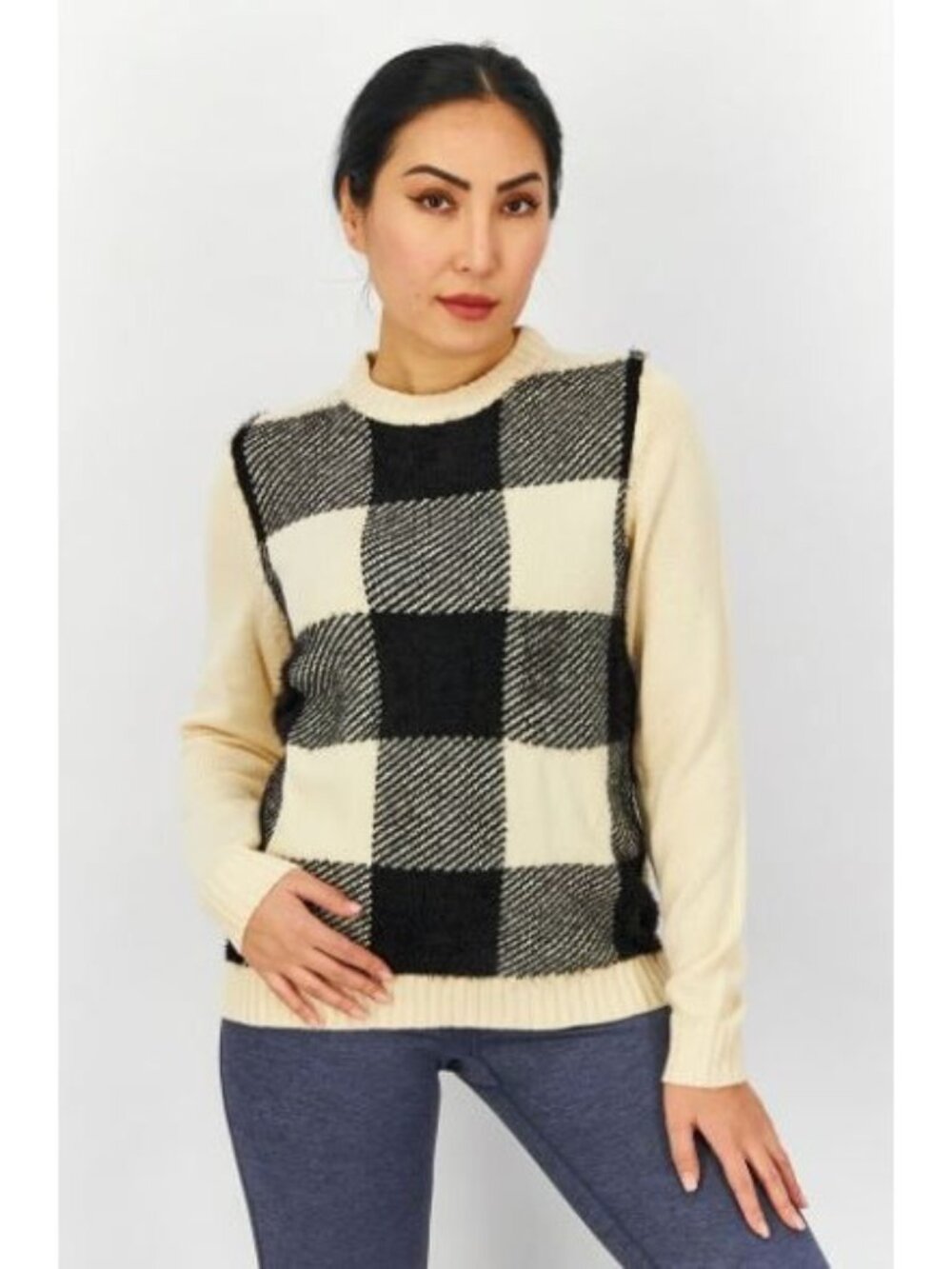 Weatherproof Vintage Womens Knit Checkered Crewneck Sweater White Size Small